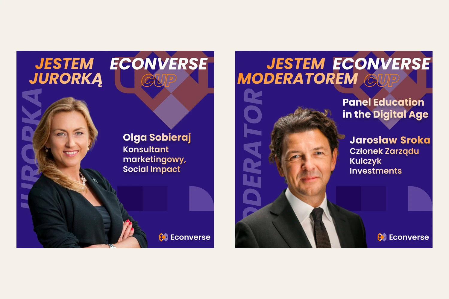Two Econverse Cup speaker cards side by side, sharing one template: a purple field with a geometric motif, the role set in orange, and the speaker cut out over it.