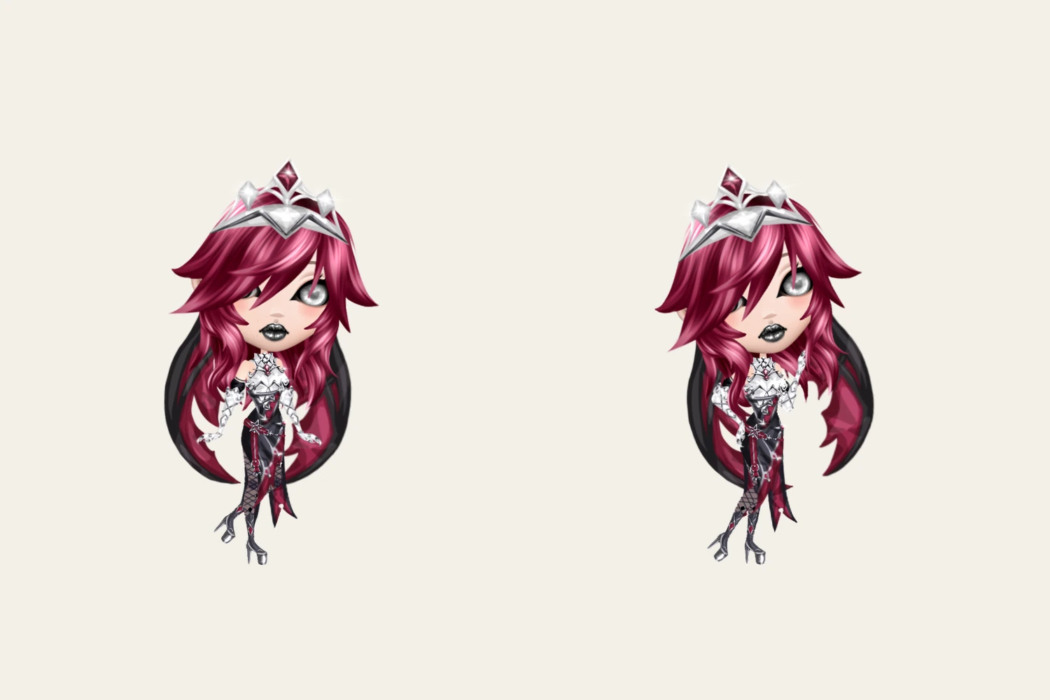 The same outfit rendered on the avatar in two different poses, with the crown, hair, and clothes lining up correctly in each.
