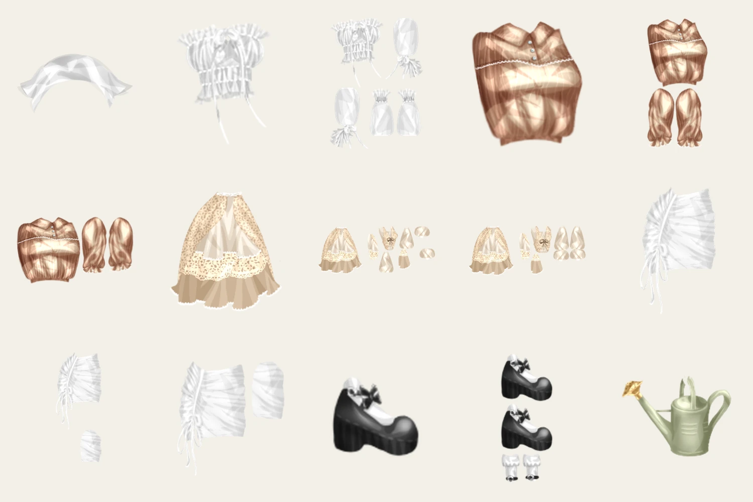 Fifteen items from the Cottagecore collection: a white bonnet, corset blouses, shirts, tiered cream skirts, ruffled white skirts, black buckled shoes and a watering can.