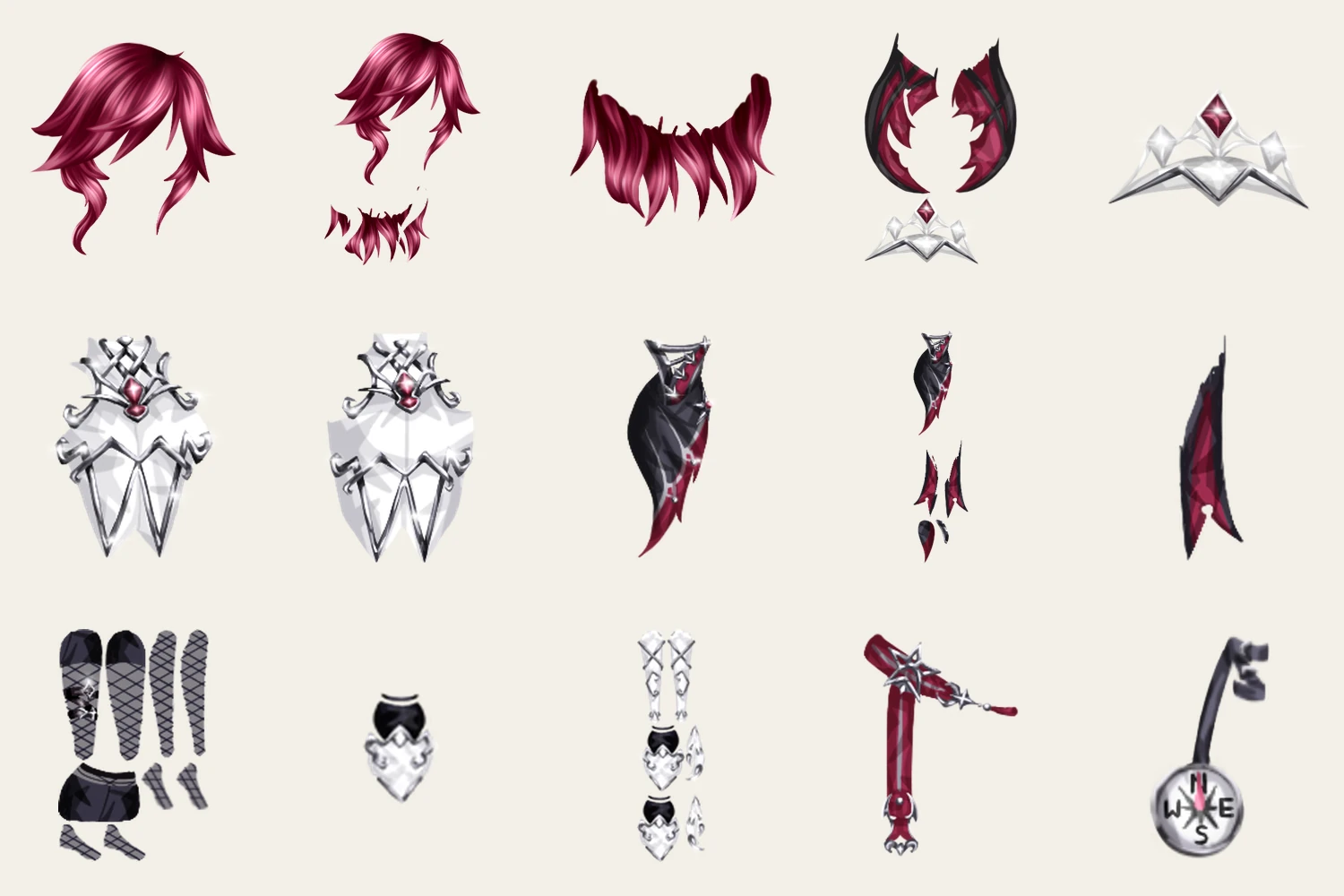 Fifteen items from the Genshin collection: burgundy hair in three cuts, a silver crown, a black and red cape, a fishnet skirt, gloves, a belt and a compass.