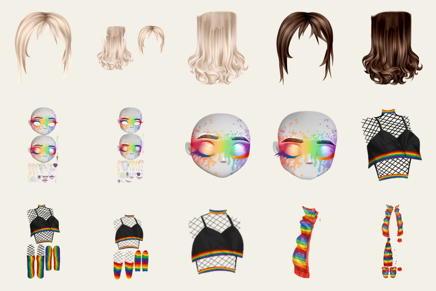 Fifteen items from the Pride collection: hair, rainbow makeup shown on the avatar face model and as export sheets, fishnet and rainbow crop tops, and rainbow jacket.