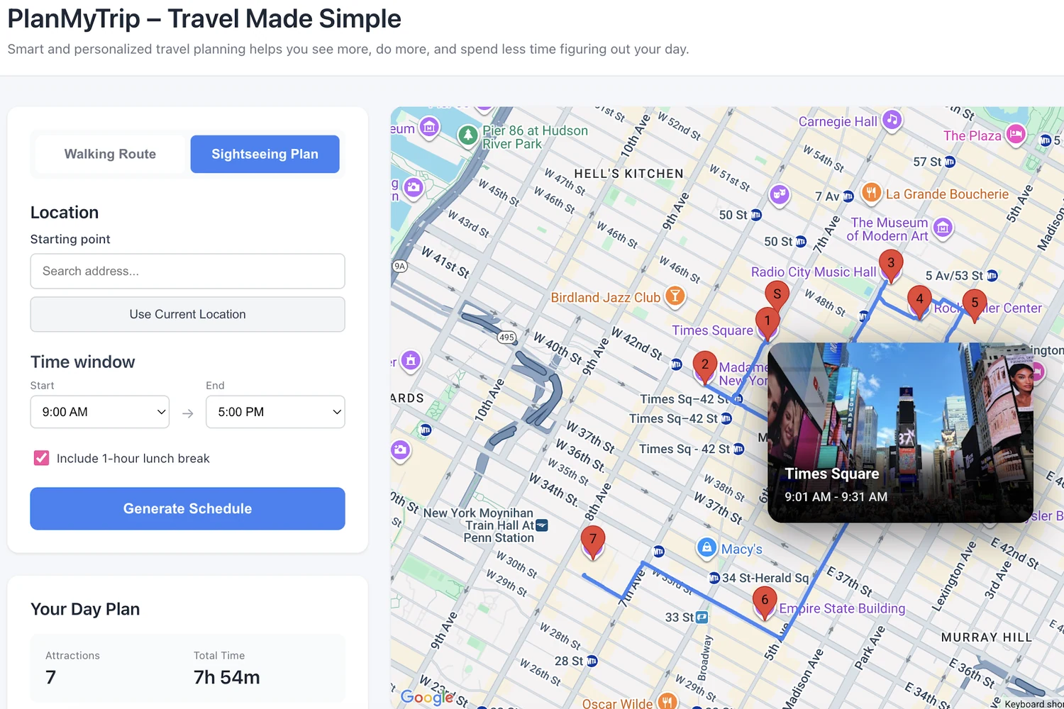 PlanMyTrip interface: a sightseeing plan for Manhattan with starting point and time-window controls on the left, and a map on the right showing the generated walking route through seven attractions — Times Square scheduled 9:01–9:31 AM, seven attractions over 7 hours 54 minutes.