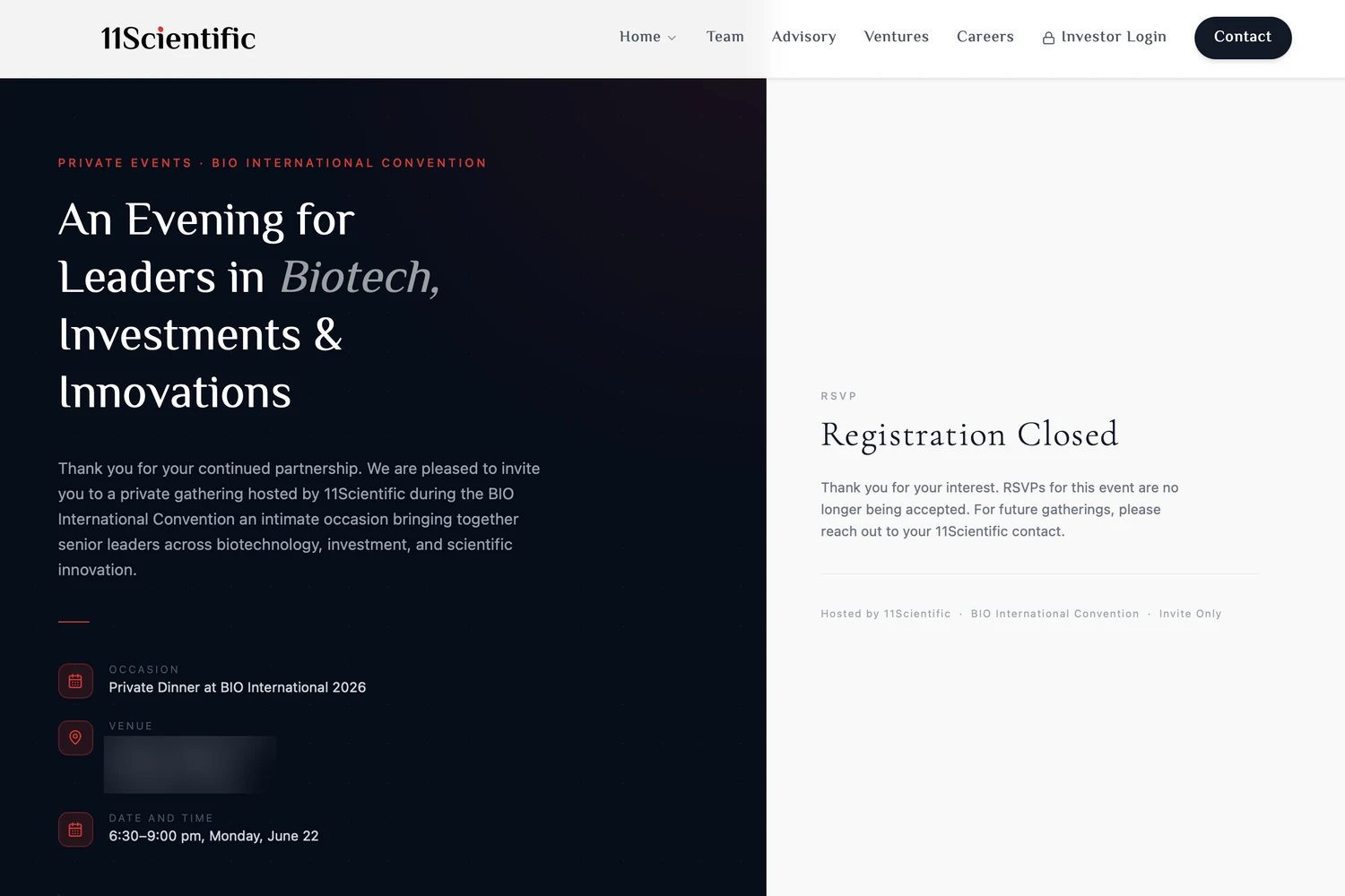 Invitation page built for the RSVP platform: a split layout with the invitation on a dark field — serif headline reading 'An Evening for Leaders in Biotech, Investments & Innovations' — and the RSVP panel on the right showing a closed registration state.